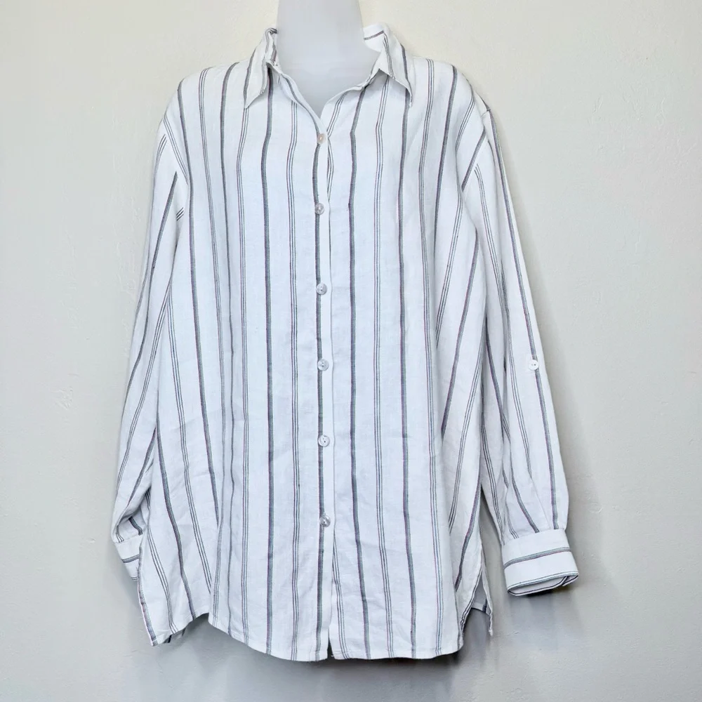 Chico's | Monterey Stripe Islander Linen Button Down Relaxed Casual Shirt - Picture 2 of 15